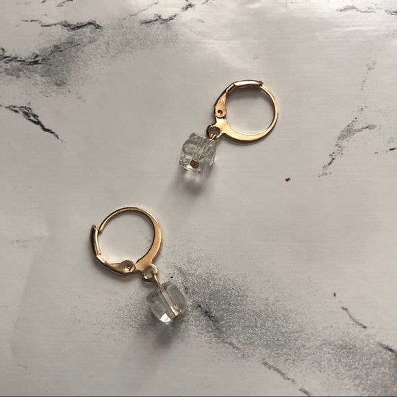 Dainty Dangle Clear Cube Hoop Drop Earrings Gold - Picture 5 of 5